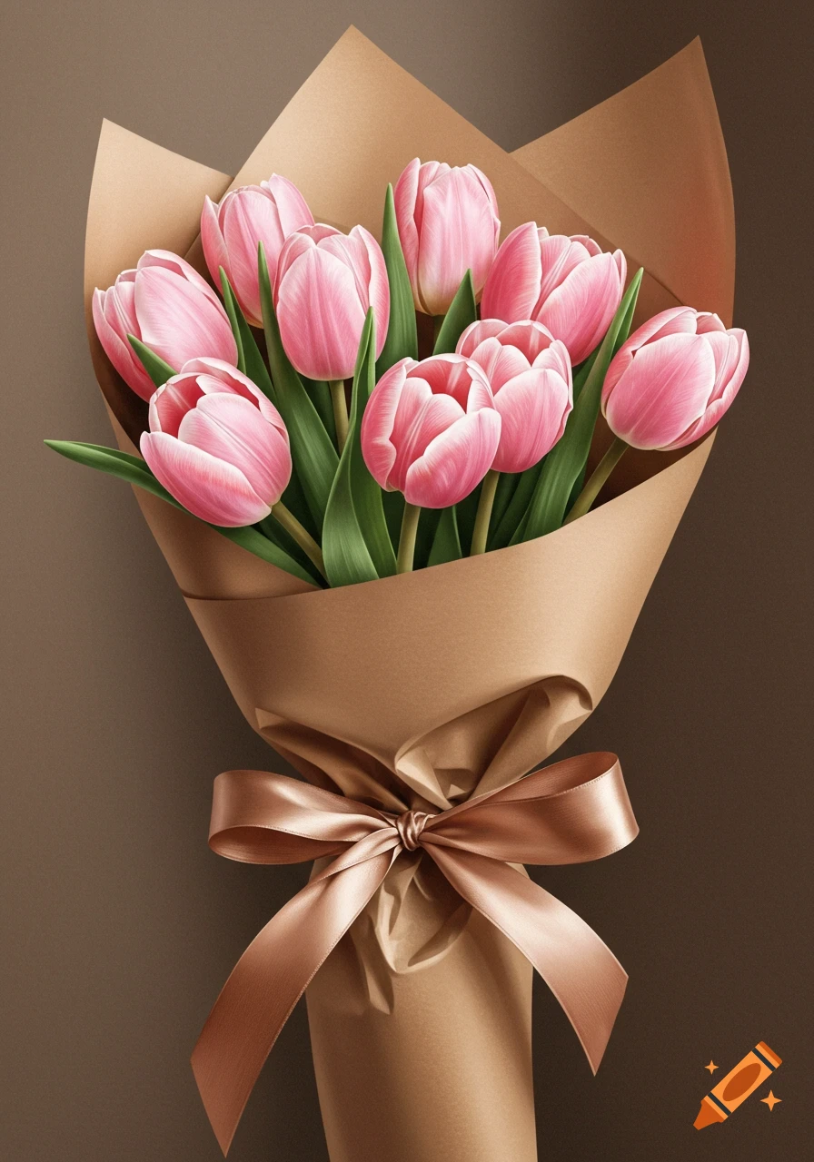 A vibrant bouquet of light pink tulips wrapped in brown paper and tied with a matching satin ribbon, set against a dark brown background.