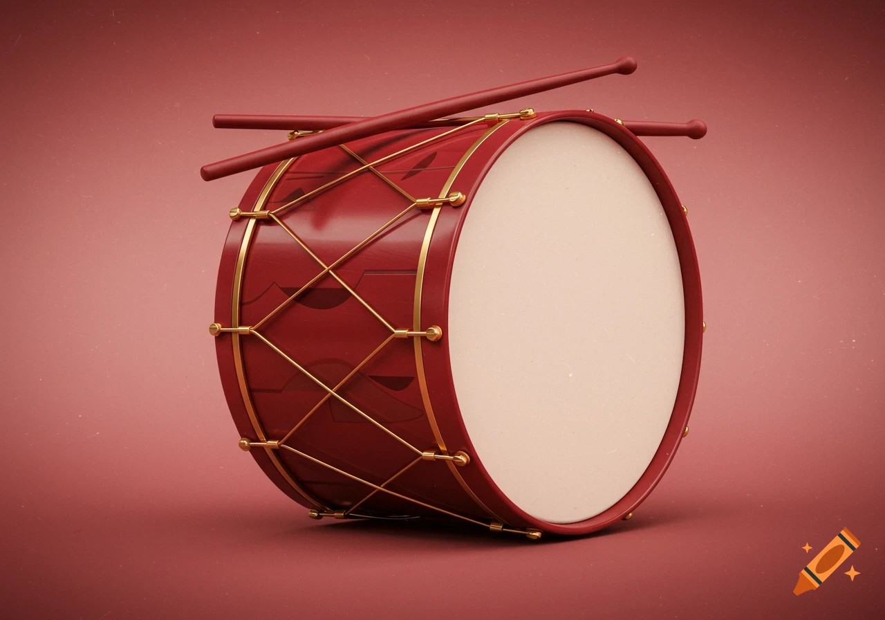 A vibrant red marching drum with gold accents and two drumsticks on a matching red background.