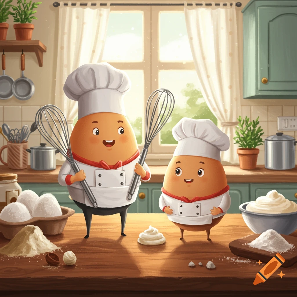 Two happy cartoon egg chefs in a kitchen surrounded by baking ingredients and whisks.