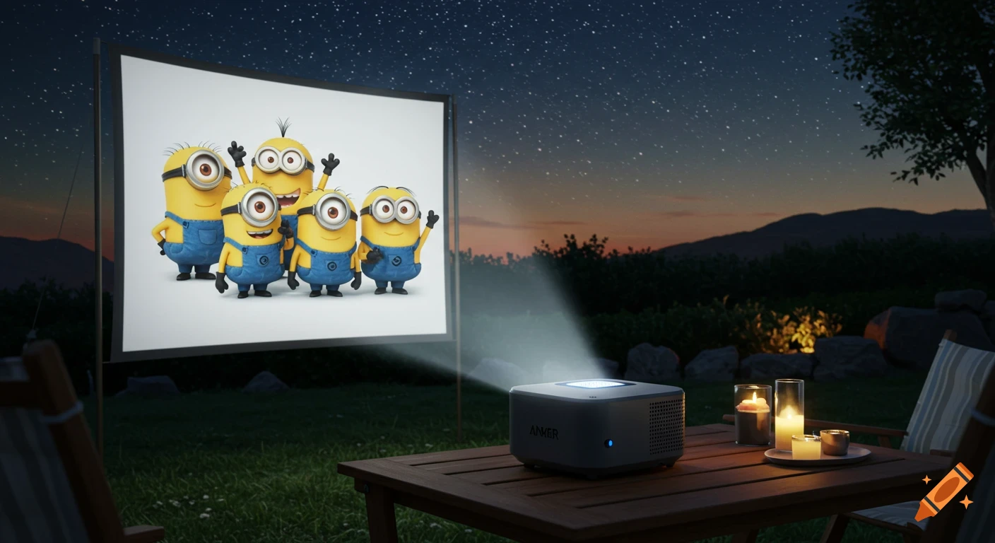 An Anker projector illuminates a large screen showing Minions, set outdoors at night with candles on a table under a starry sky.