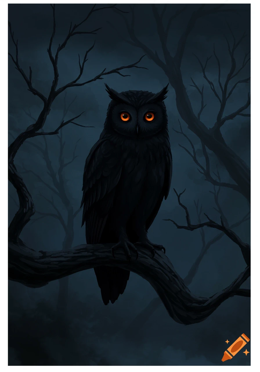 A dark-colored owl with glowing orange eyes perches on a bare tree branch in a spooky, dark forest at night, illustration style.