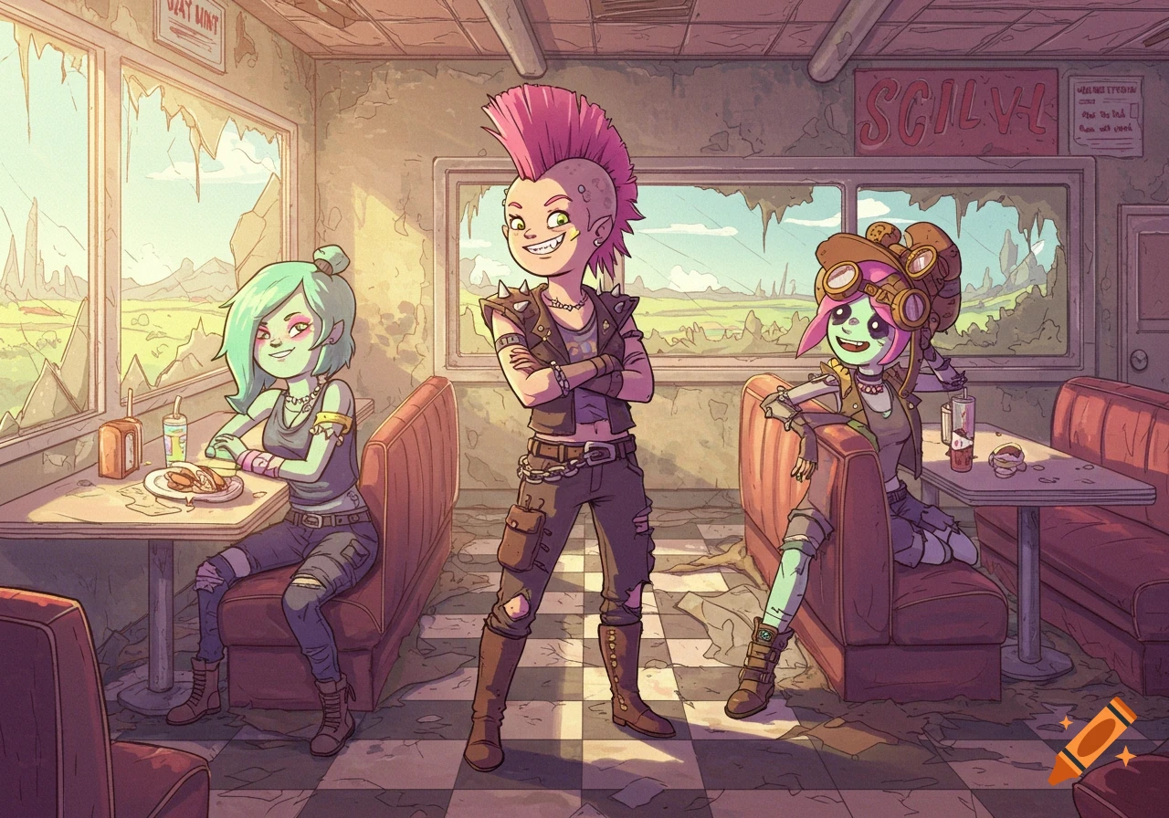 Three cartoon-style raider girls with punk fashion in a derelict diner with broken windows, in an Adventure Time art style.