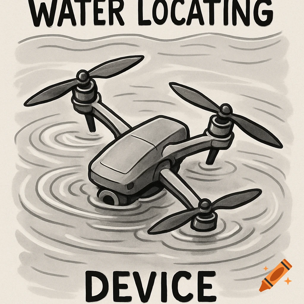 A cartoon drone partially submerged in water, with ripples, in black and white. Text reads 'WATER LOCATING DEVICE'.