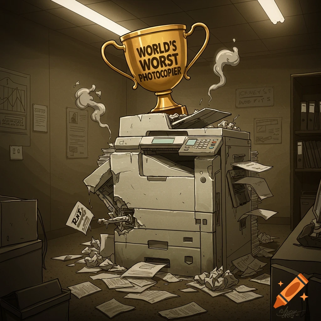 Cartoon style illustration of a broken, smoking photocopier with a 'World's Worst Photocopier' trophy, surrounded by crumpled papers in a messy office.