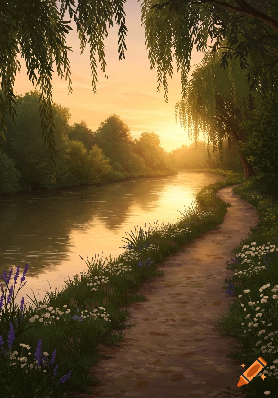 An illustrated serene landscape of a winding path beside a calm river, with wildflowers and trees under a golden sunset.