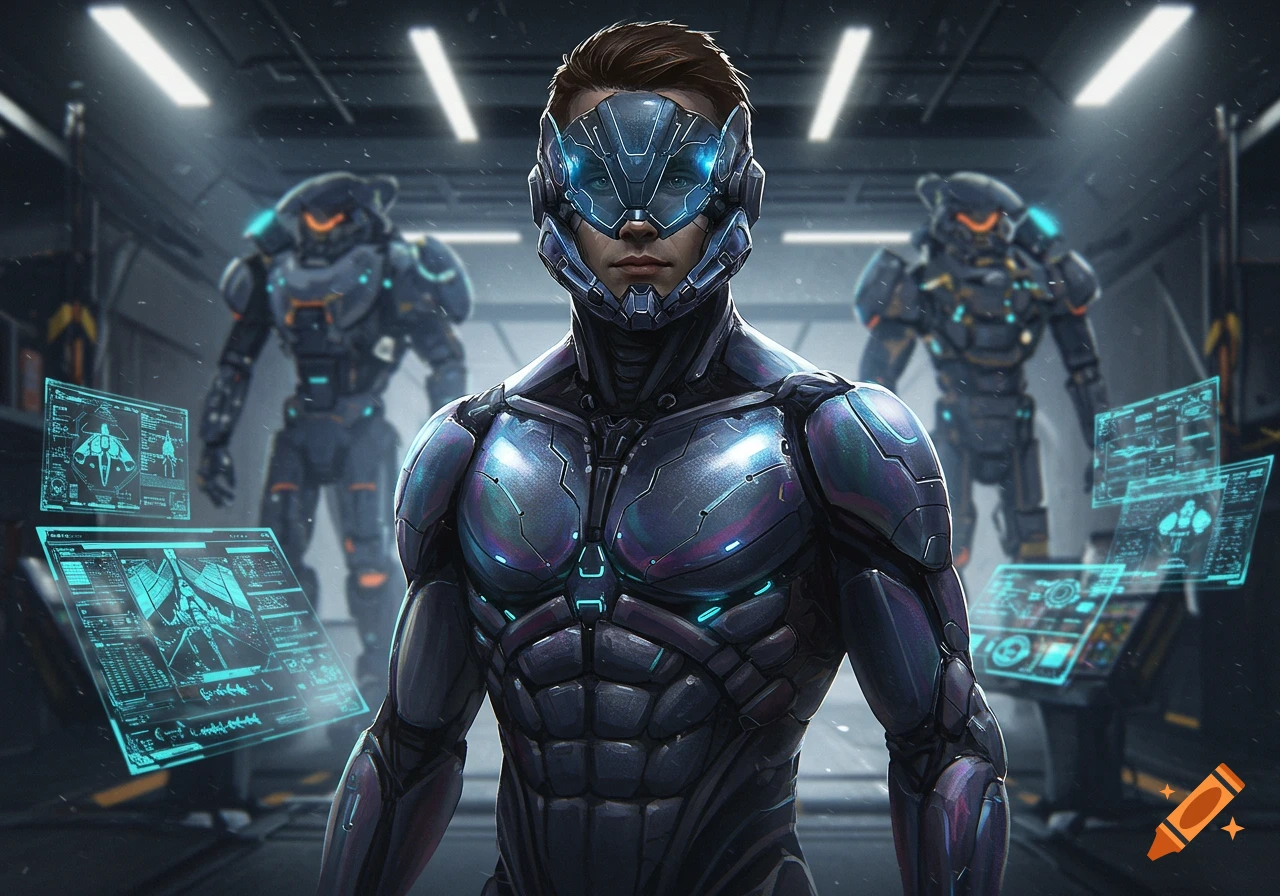 A male sci-fi pilot in a detailed futuristic suit with a visor, standing in a hangar with two large mechs behind him and holographic screens.
