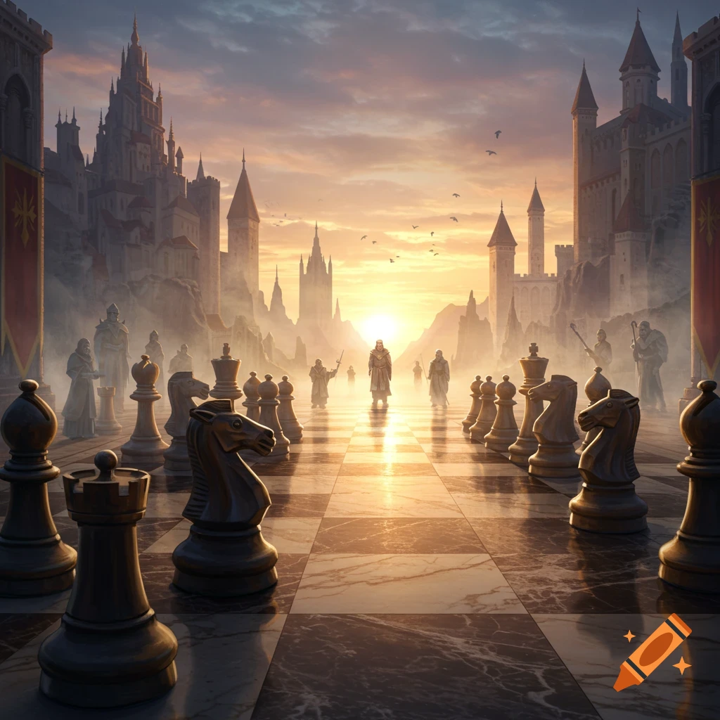 A majestic chessboard with large black and white chess pieces leading to a fantastical city of castles under a dramatic sunrise.
