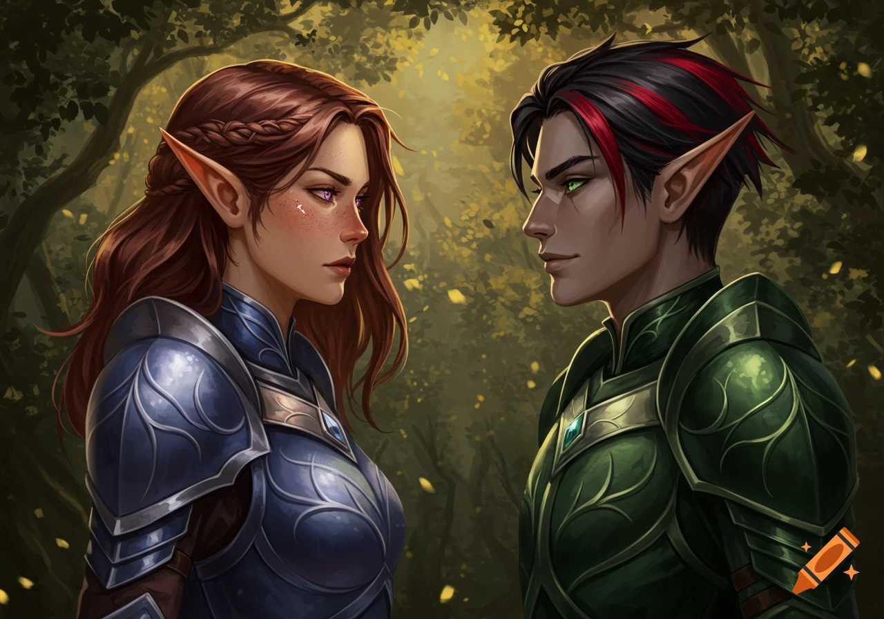 Digital painting of a brown-haired female elf in blue armor and a black-haired male elf in green armor facing each other in a forest.