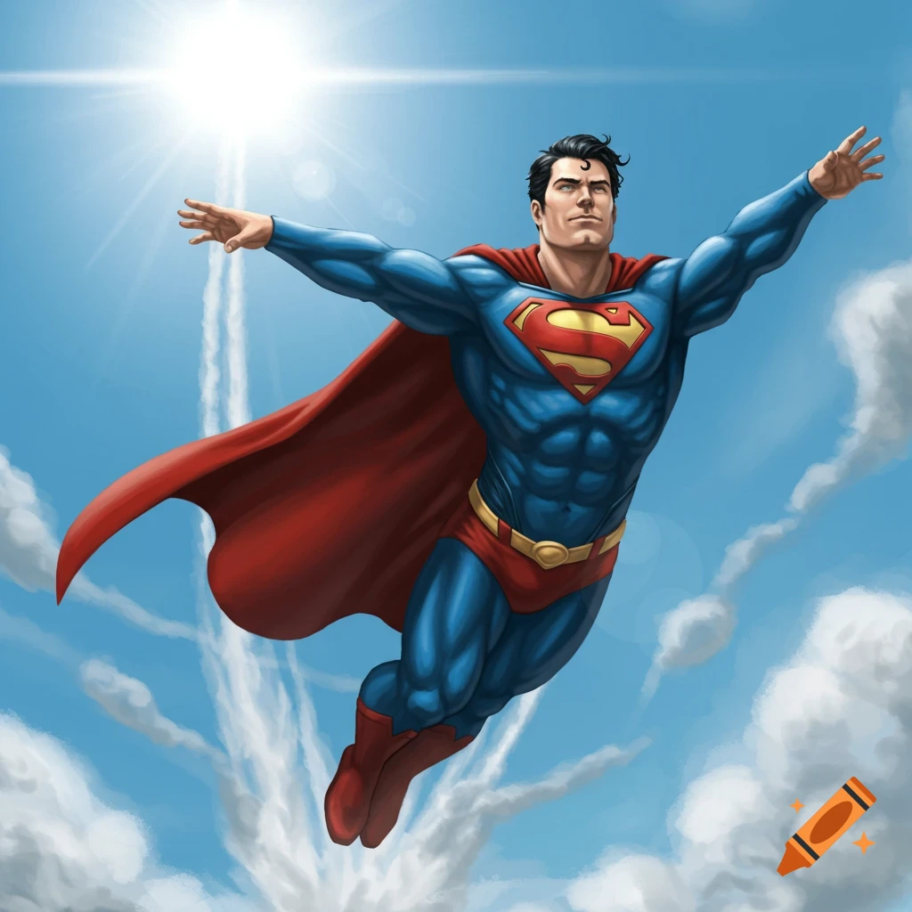 A muscular Superman with a red cape flying through a bright blue sky with clouds, arms outstretched.