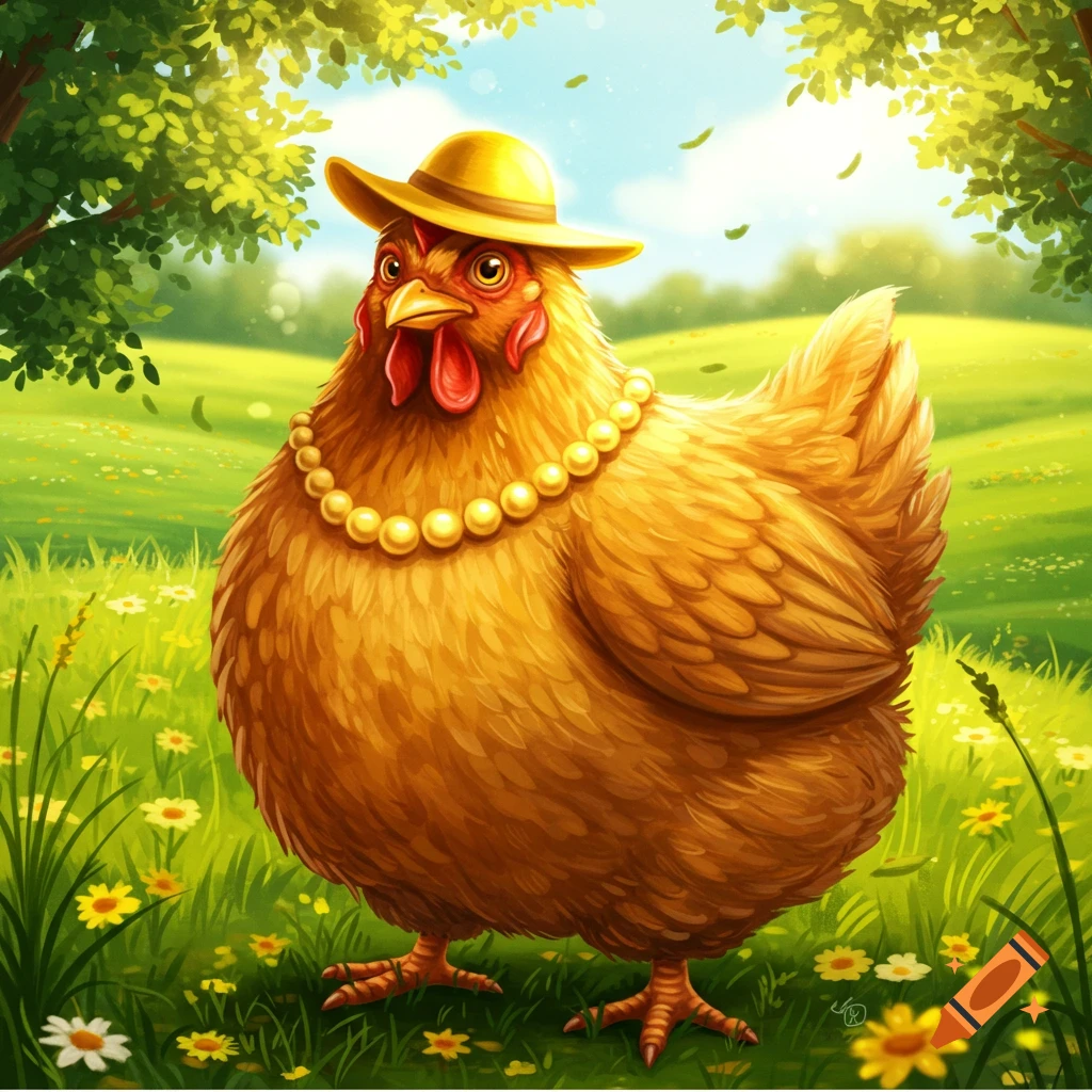 A plump, golden-feathered chicken wearing a yellow straw hat and a pearl necklace, standing in a sunny green field with wildflowers and trees in a vibrant, illustrative style.