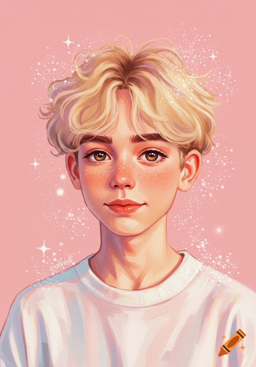 A dreamy, cottagecore-style portrait of a soft-looking boy with fluffy blond hair and freckles, against a pink background with sparkles.