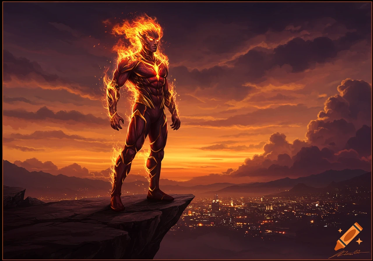 A powerful fire superhero stands on a cliff overlooking a glowing city at sunset.