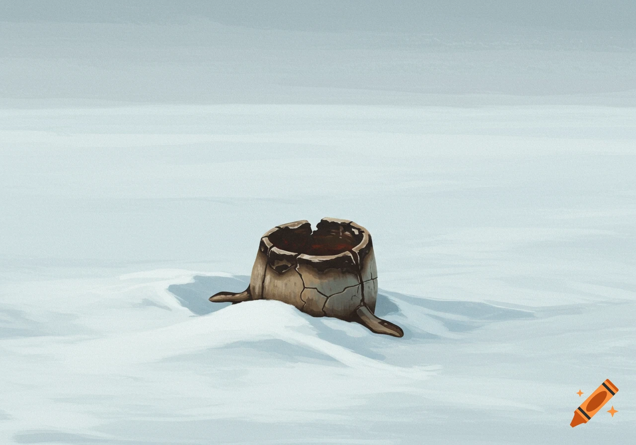 A flat textured digital illustration of a burnt and cracked Inuit quilliq (seal oil lamp) resting on icy snow.