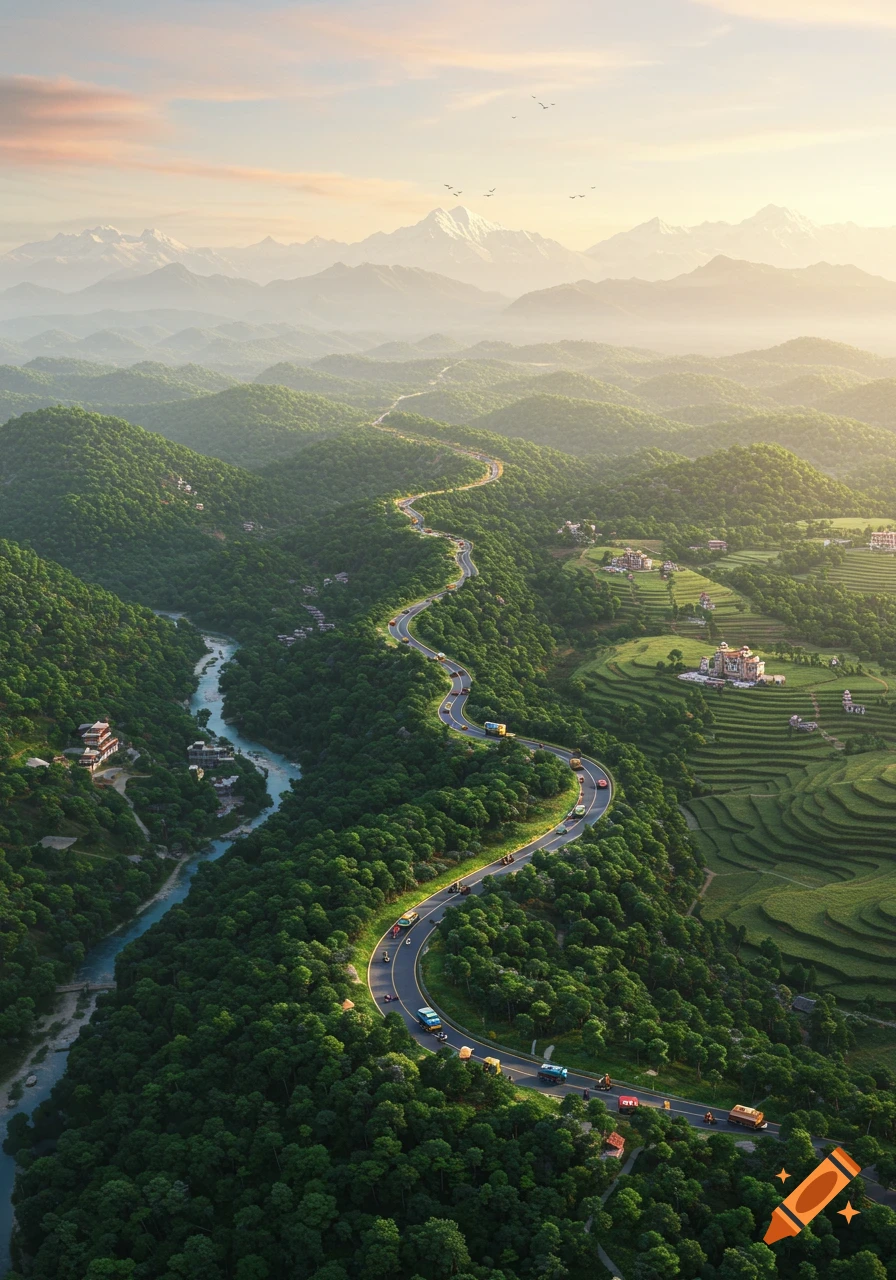 Aerial view of a winding road and river through lush green mountains with distant snow-capped peaks at sunset.