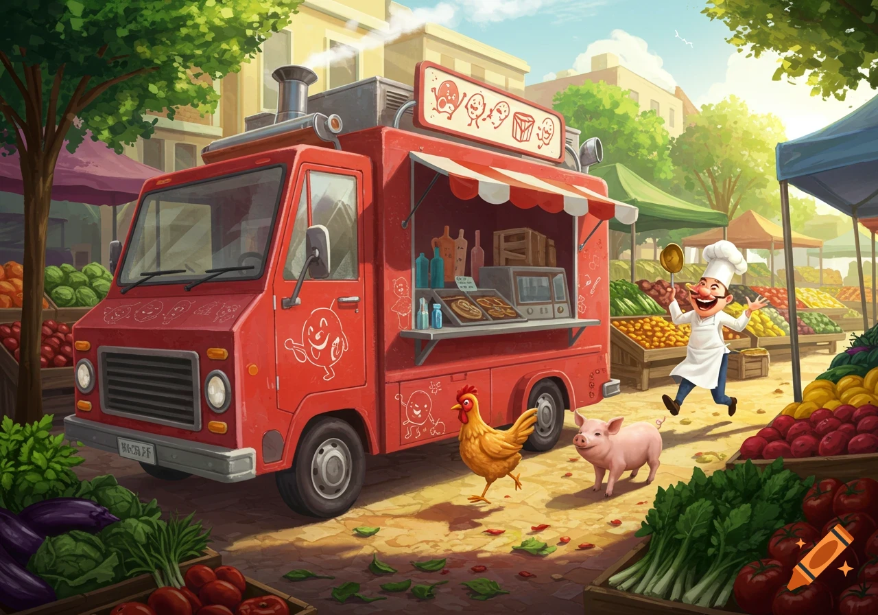 A happy chef chases a chicken and a pig in front of a red food truck at a vibrant outdoor market with fresh produce.
