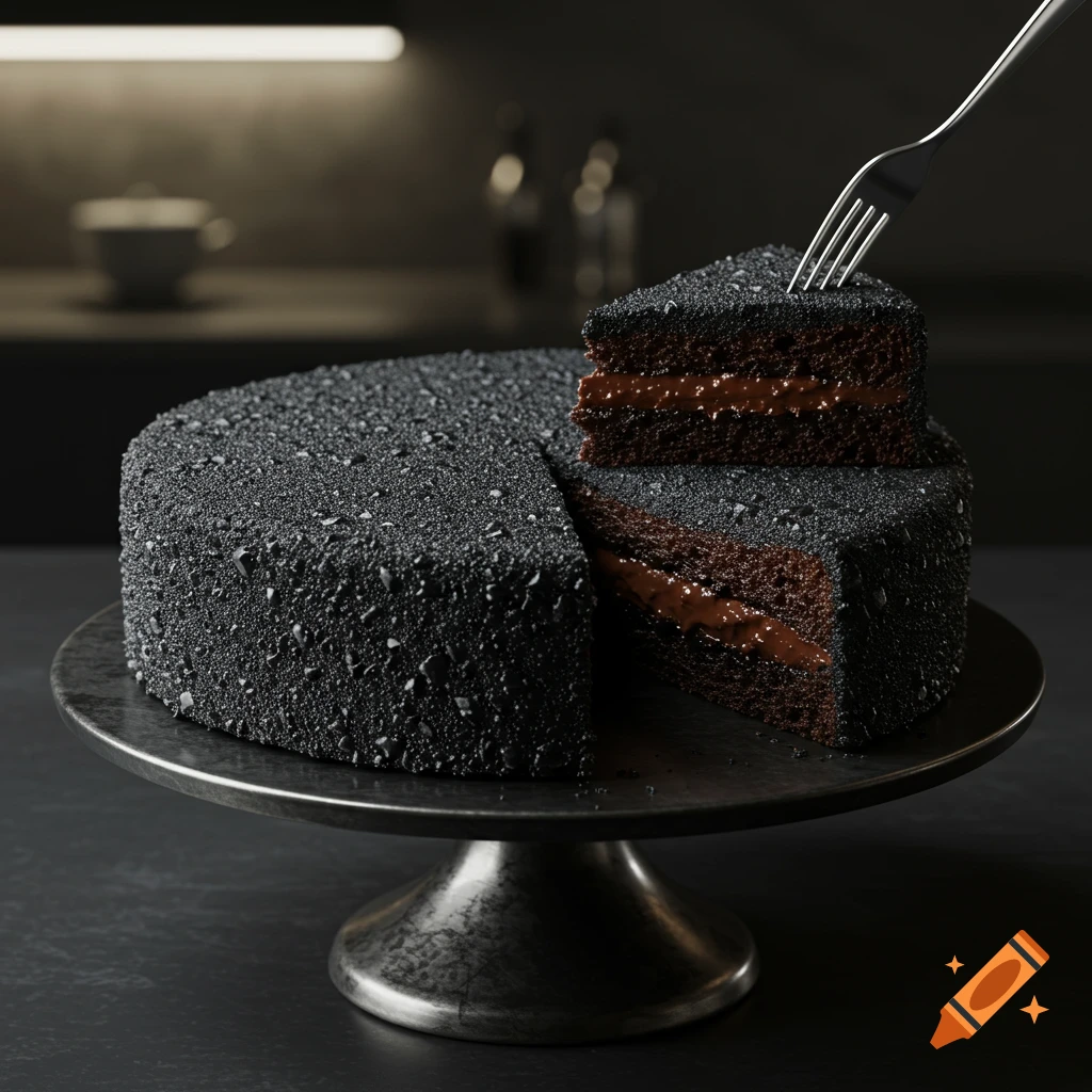A photorealistic black asphalt-textured cake with a slice cut out and a fork, on a metal stand.