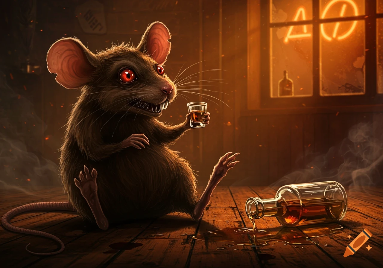 A large, feral-looking mouse with glowing red eyes sits on a wooden floor, holding a shot glass of whiskey as an overturned bottle spills beside it, in a dark, stylized room.