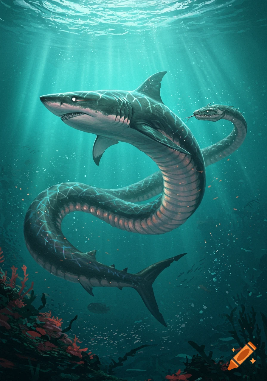 A shark-snake hybrid creature swims in a bright blue ocean with light rays and coral.