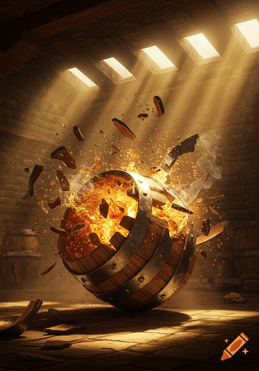 A wooden whiskey barrel shatters into pieces with an explosion of fire and liquid inside a dark, stone cellar.