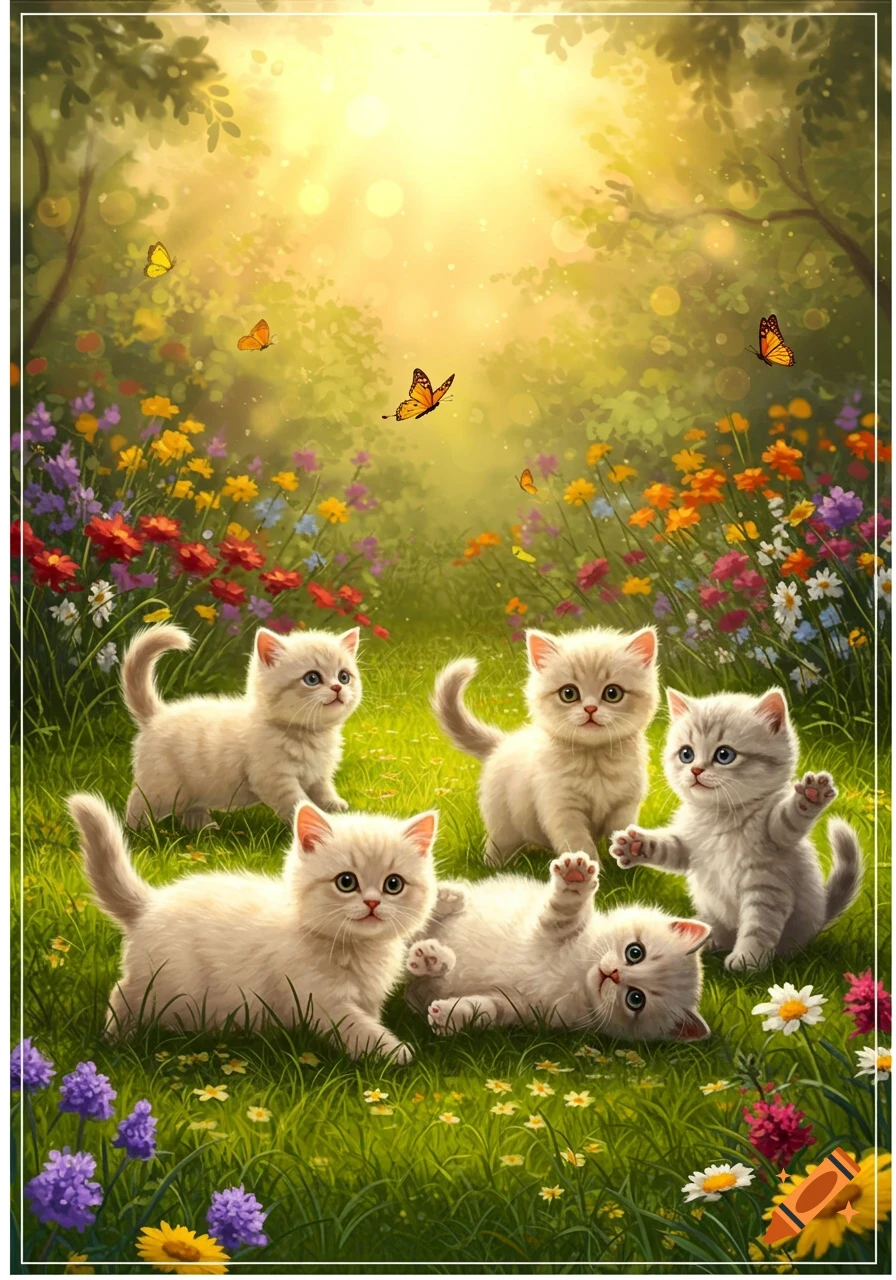 Five fluffy white kittens play in a sunny green field filled with colorful flowers and butterflies, in a vibrant illustration style.
