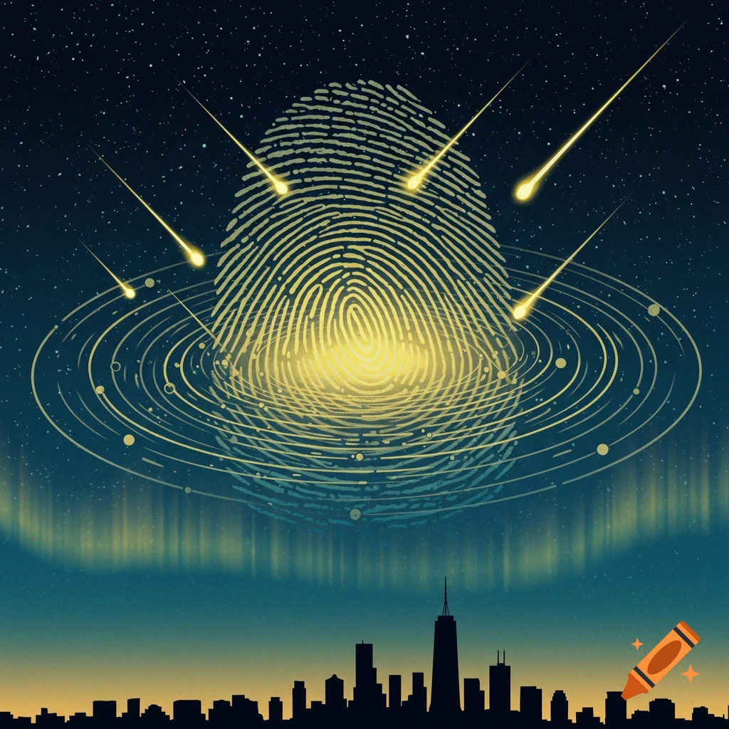 A stylized illustration of a glowing fingerprint galaxy and meteors over a city skyline at night with auroras.