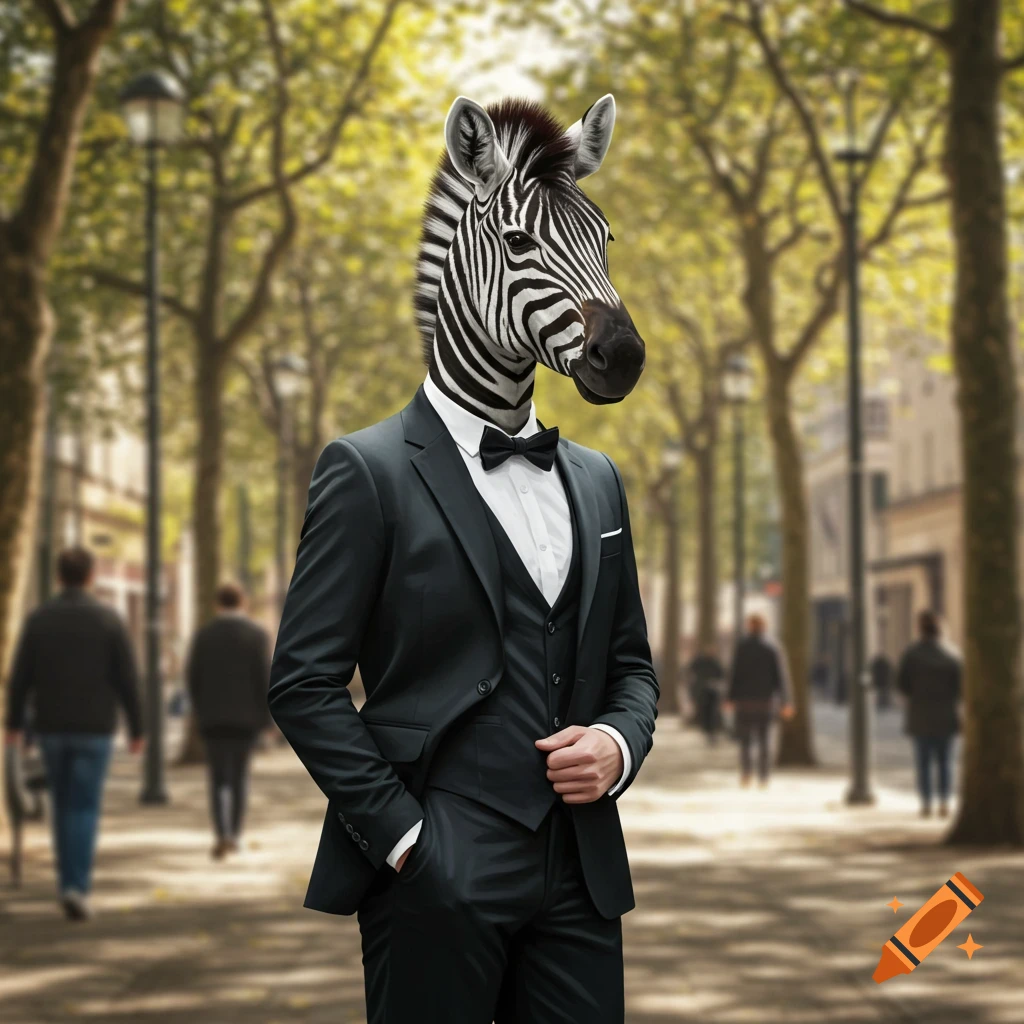 A photorealistic image of a zebra's head on a human body wearing a black suit, standing on a tree-lined path.