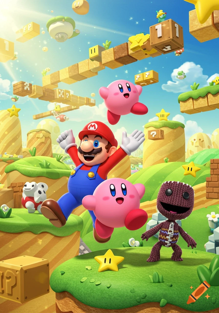 Mario, two Kirbys, and Sackboy in a vibrant cartoon video game world with floating blocks and stars.