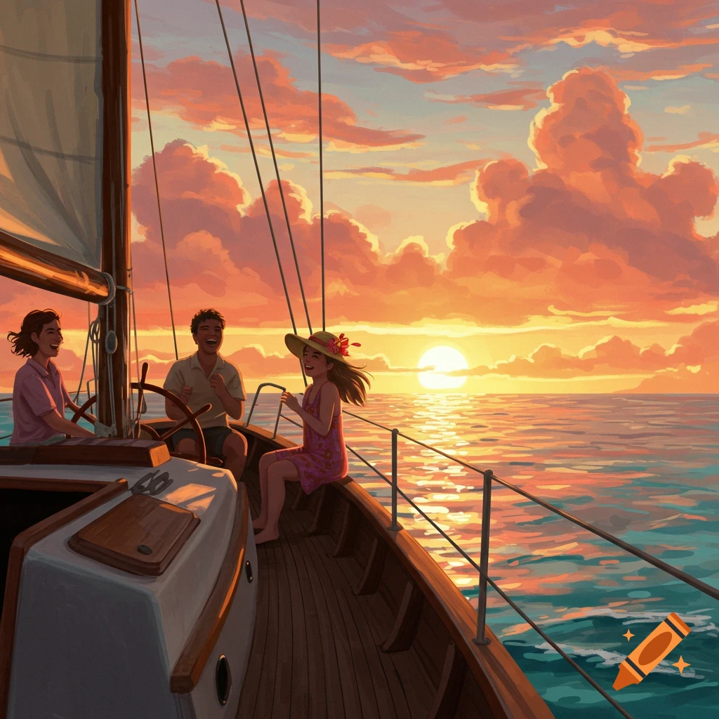 Three people happily sailing on a boat at sunset, with an orange sky and sun reflecting on the calm ocean in a digital painting style.