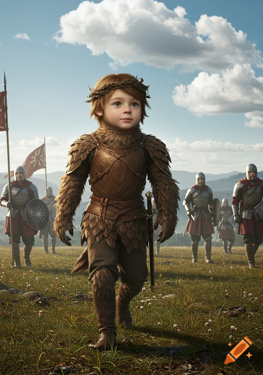 A photorealistic image of a young hybrid boy in feathery armor and a crown of thorns, holding a sword, walking in a grassy field with soldiers behind him.