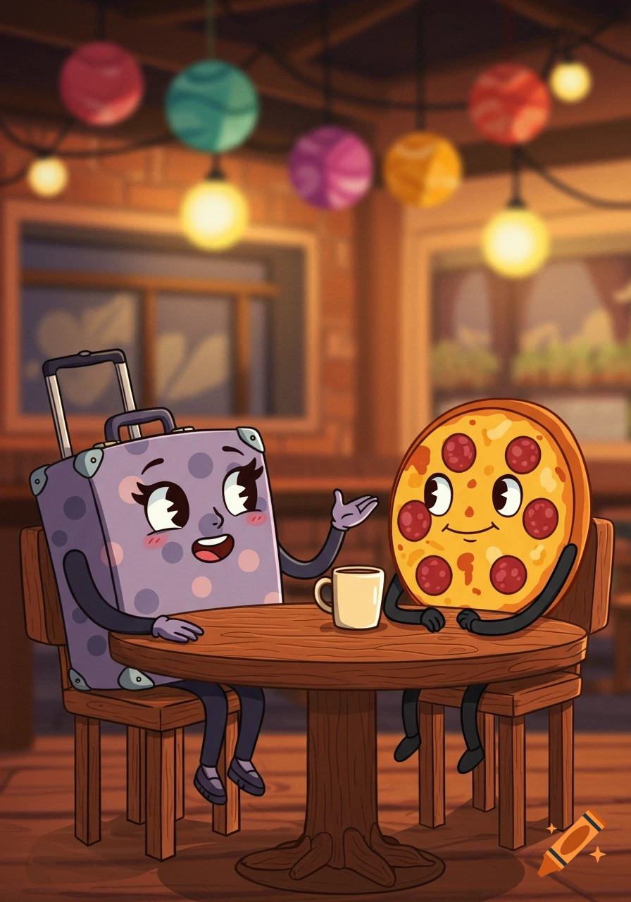 A cartoon purple suitcase with a face and a cartoon pizza with a face sit at a wooden table in a cafe, appearing to talk.