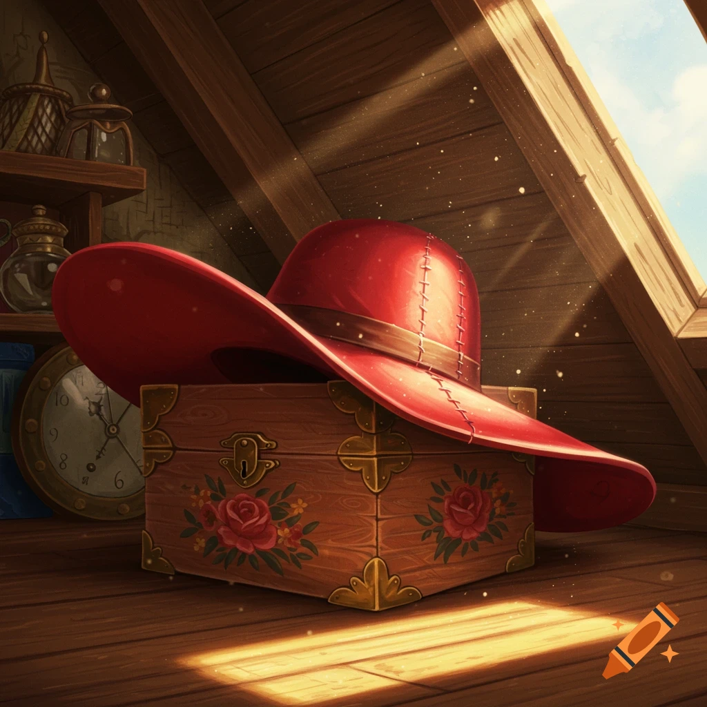 A vibrant red wide-brimmed hat rests on a decorated wooden chest in a sunlit attic, with dust motes dancing in the light.