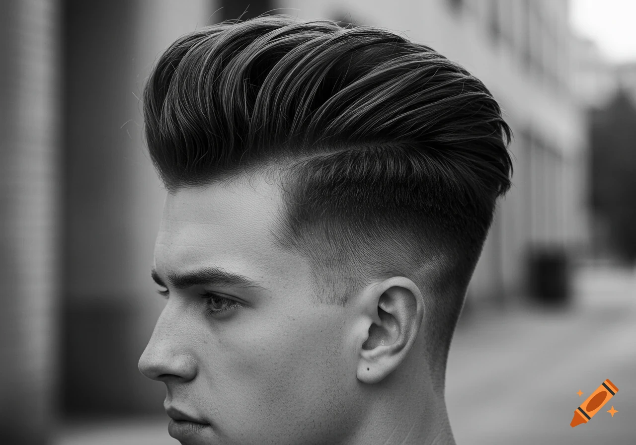 Side profile of a man with a modern undercut and quiff hairstyle in black and white.
