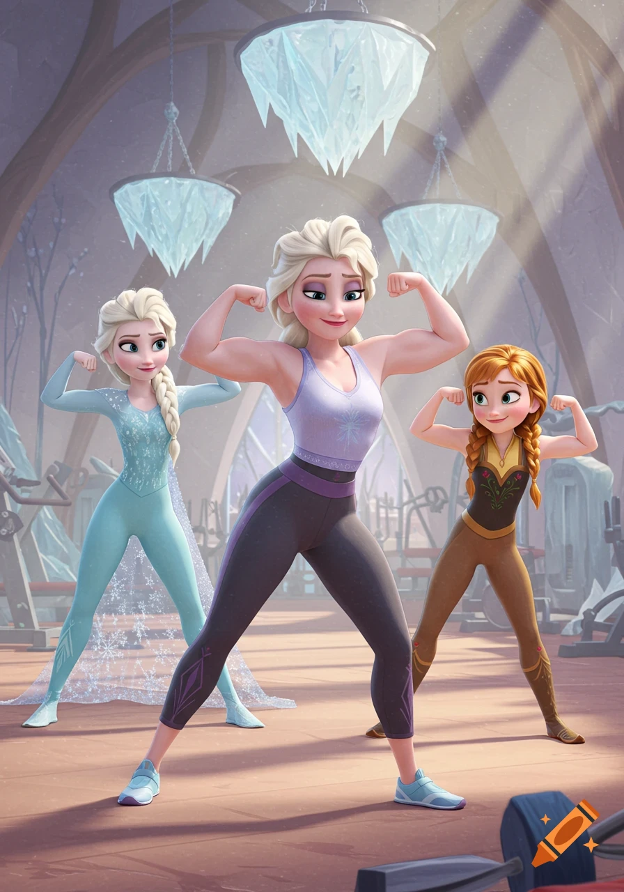 Three animated women resembling Disney's Elsa and Anna flex their biceps in a gym.
