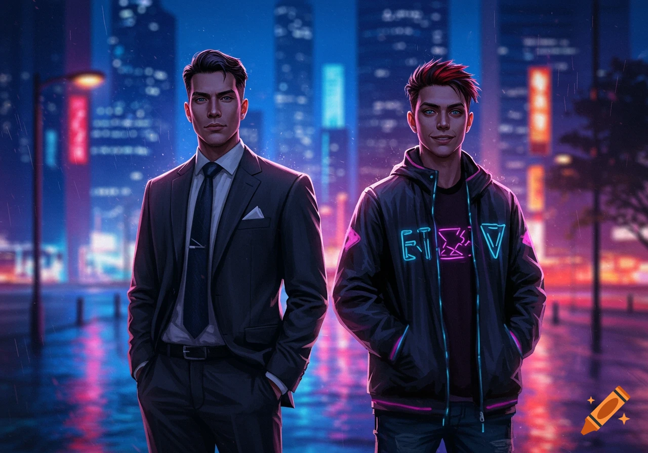 Two men, one in a suit and one in a neon-lit jacket, stand in a futuristic city with glowing buildings at night in a digital art style.
