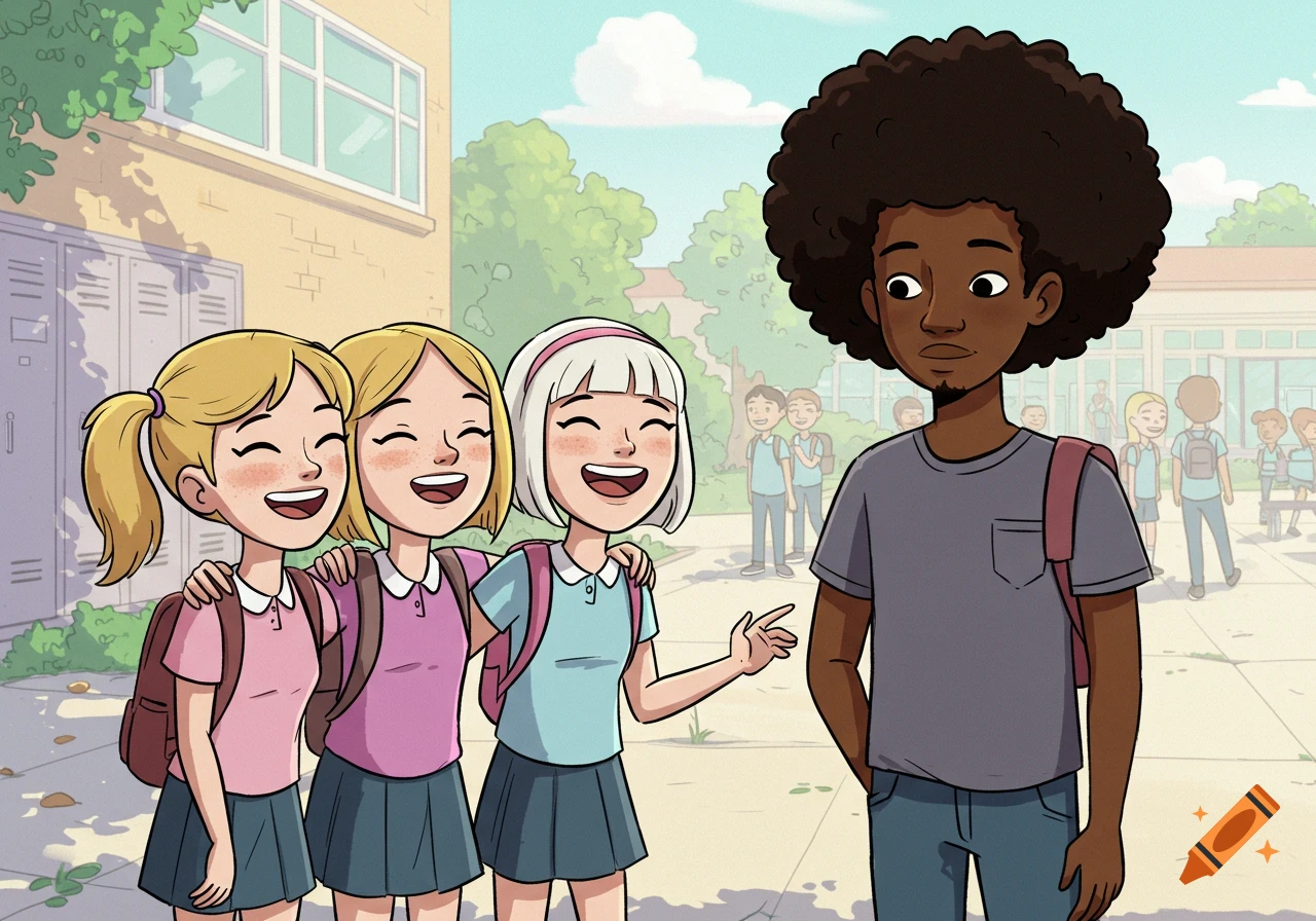 Three smiling cartoon girls with backpacks walk with a less happy cartoon boy with an afro in a schoolyard.