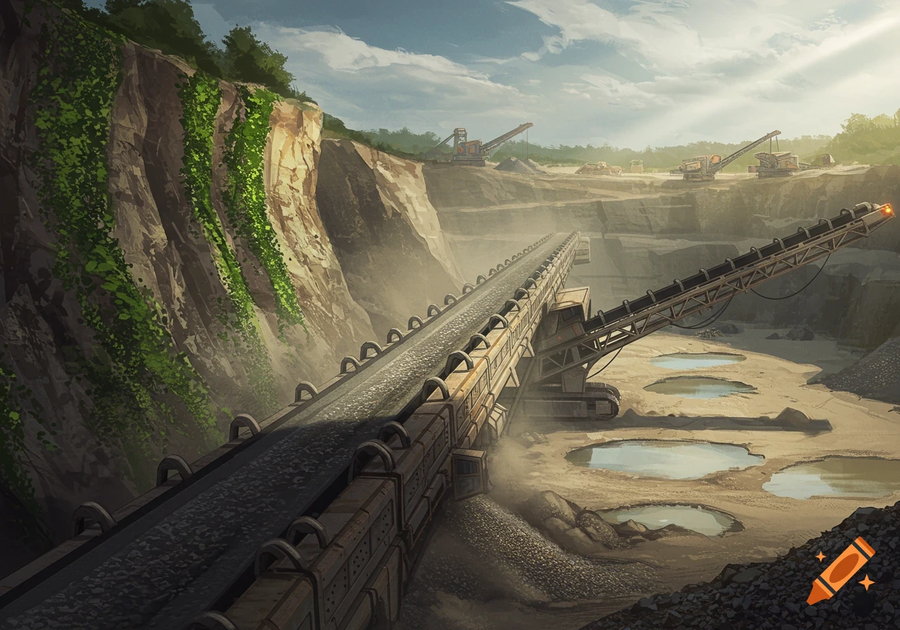An expansive quarry landscape with long conveyor belts transporting materials, heavy machinery in the background under a cloudy sky.