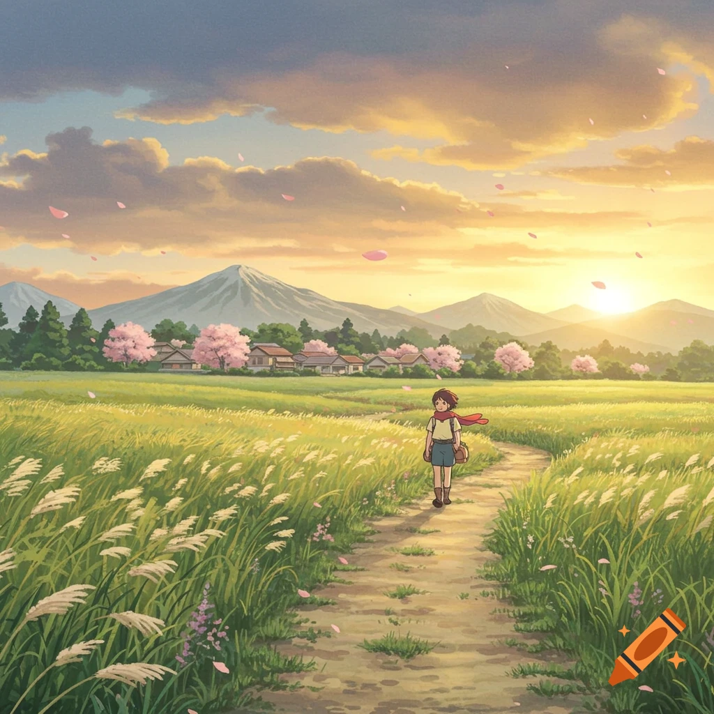 A young traveler walks on a dirt path through a grassy field towards a village with cherry blossoms and mountains at sunset, in Studio Ghibli anime style.
