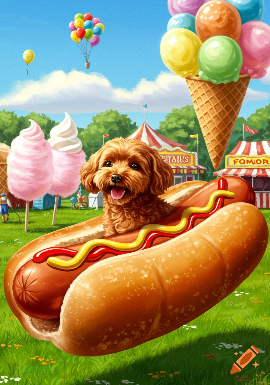 A cute brown dog sits in a giant hotdog bun with ketchup and mustard, floating above a green grassy field at a sunny carnival with balloons, ice cream, and cotton candy.