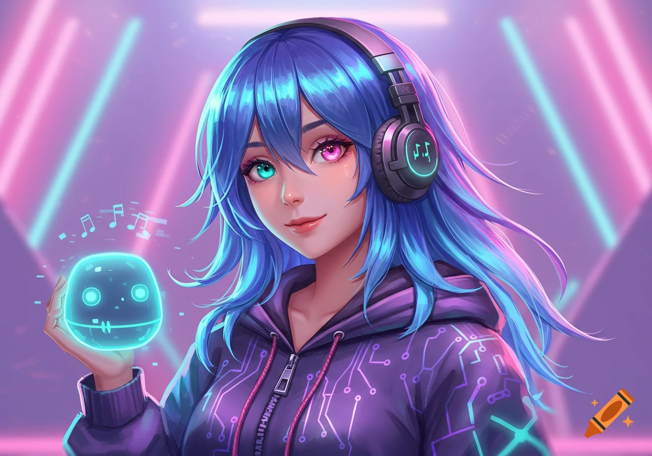Anime girl with blue hair, multicolored eyes, futuristic hoodie, headphones, holding a glowing AI orb.