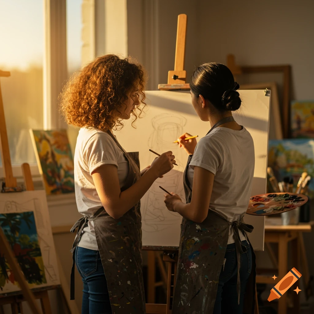 Two friends in aprons are drawing on an easel in a sunlit art studio, with other paintings around.