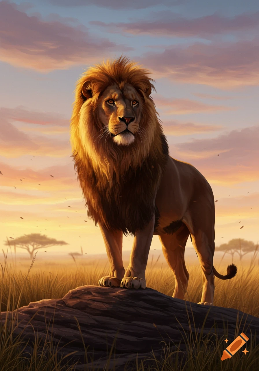 A majestic lion stands on a rock in a golden savanna at sunset.
