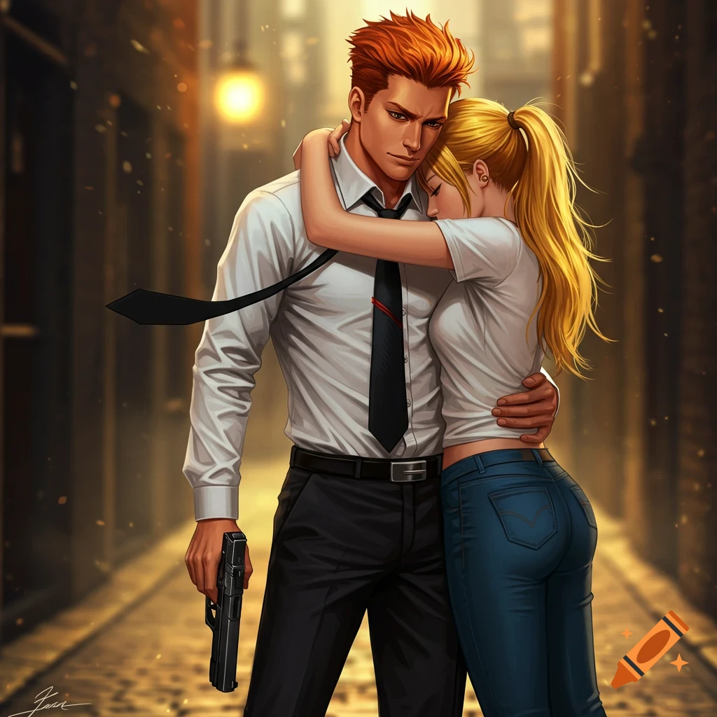An anime-style image of a man with orange hair in a white shirt and black tie, holding a pistol, embracing a blond woman in a white t-shirt and blue jeans, on a dimly lit street.