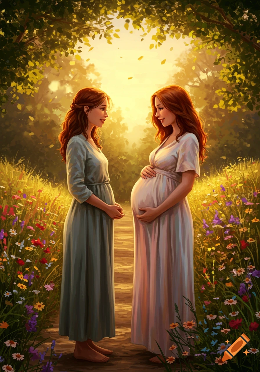Two pregnant women, one holding her belly, stand on a path in a sunlit field with wildflowers.