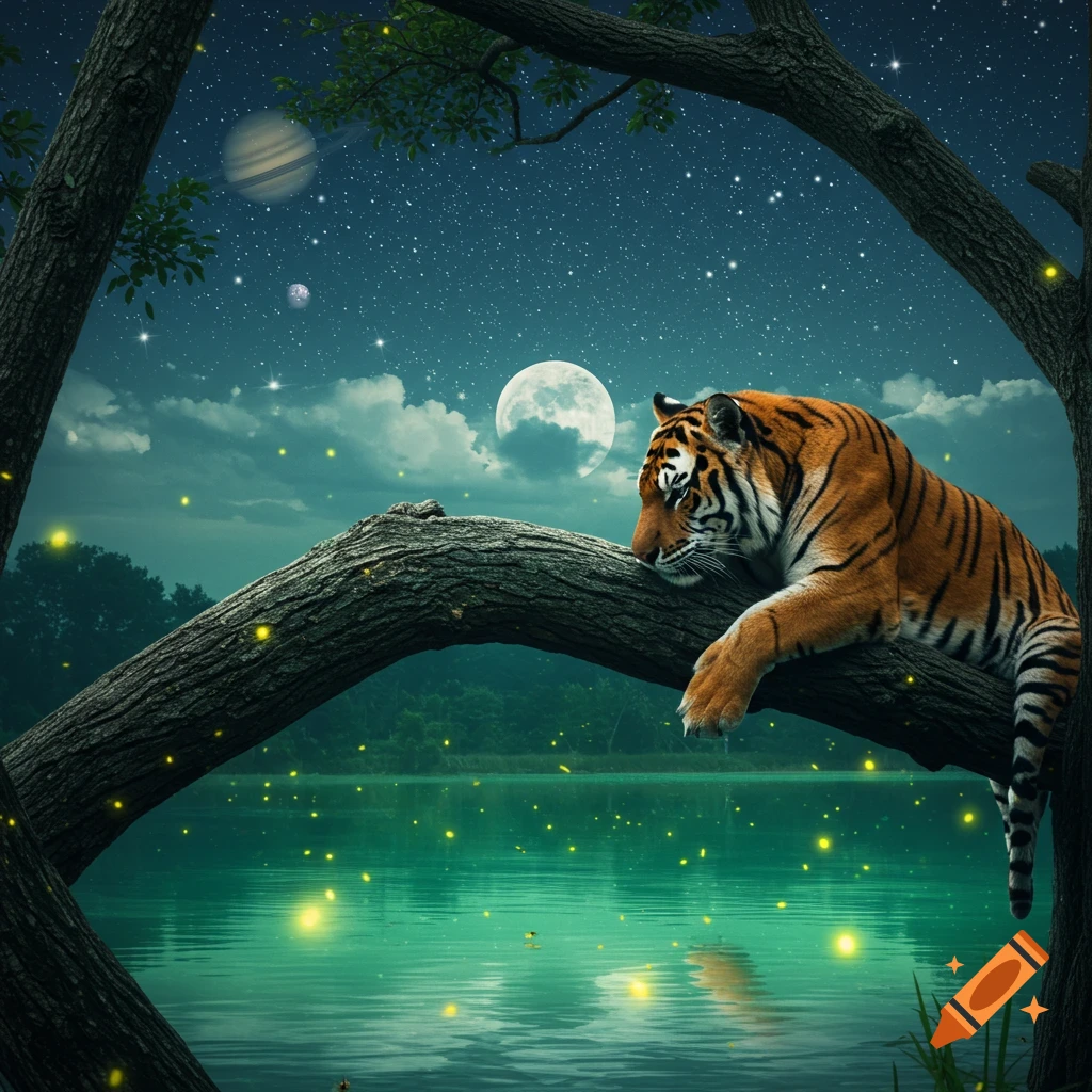 A tiger rests on a tree branch overlooking a moonlit lake with fireflies, stars, and planets in the night sky.