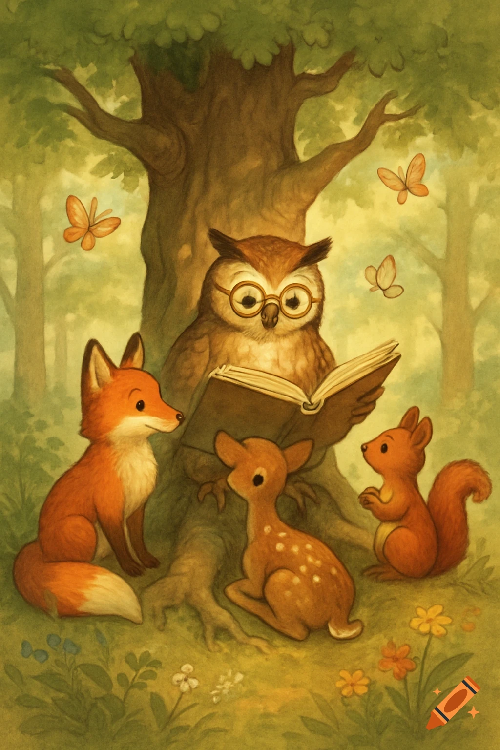 A whimsical illustration of an owl wearing glasses reading a book to a fox, deer, and squirrel in a forest.