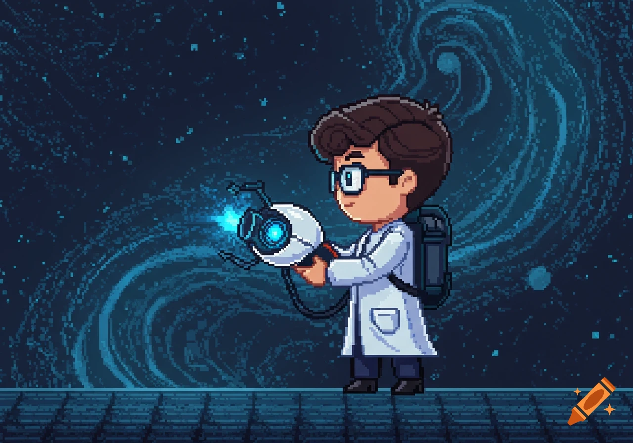 A pixel art character of a scientist with glasses and a lab coat, holding a glowing portal gun, stands against a dark blue cosmic background.