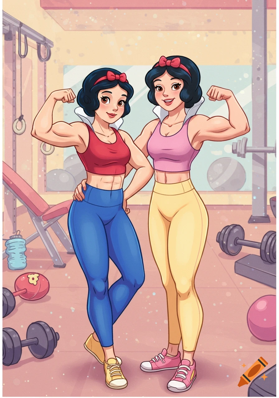 Cartoon illustration of two muscular Snow White characters flexing in a gym, one in red and blue, the other in pink and yellow.