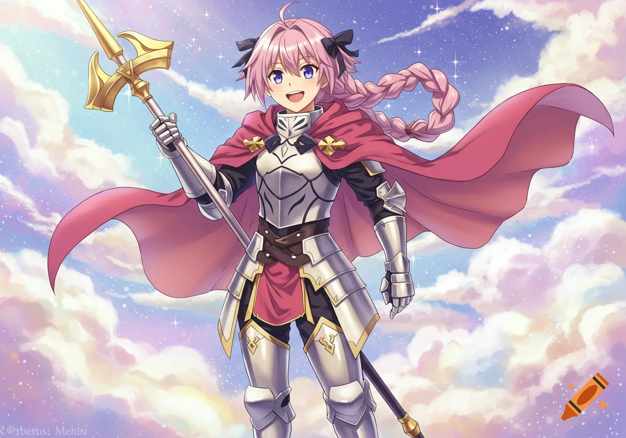 Anime illustration of Astolfo in knight armor with a red cape, holding a golden spear against a cloudy, starry sky.
