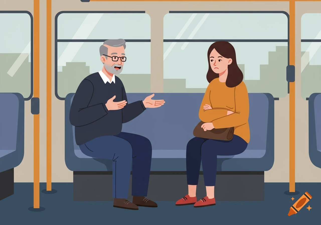 An older man talks to a young woman with crossed arms on a bus in an illustration style.