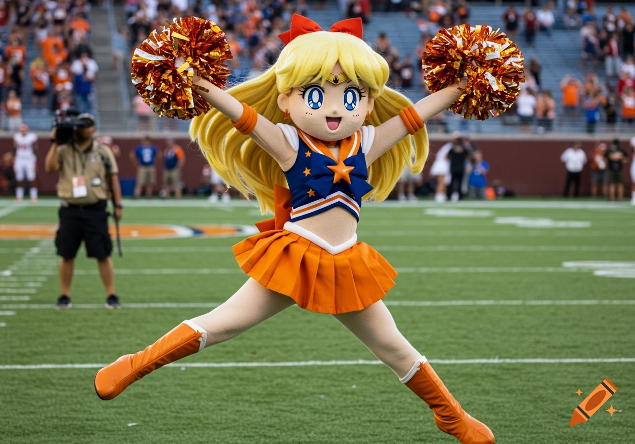 Mascot version of Sailor Venus in an orange and blue cheerleading uniform jumping on a green football field, holding pom-poms.